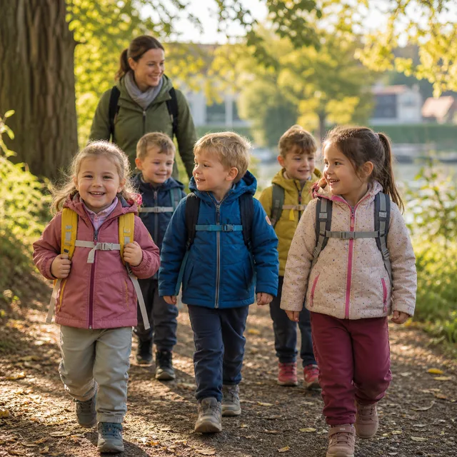 Deti zo škôlky na prechádzke s učiteľkou