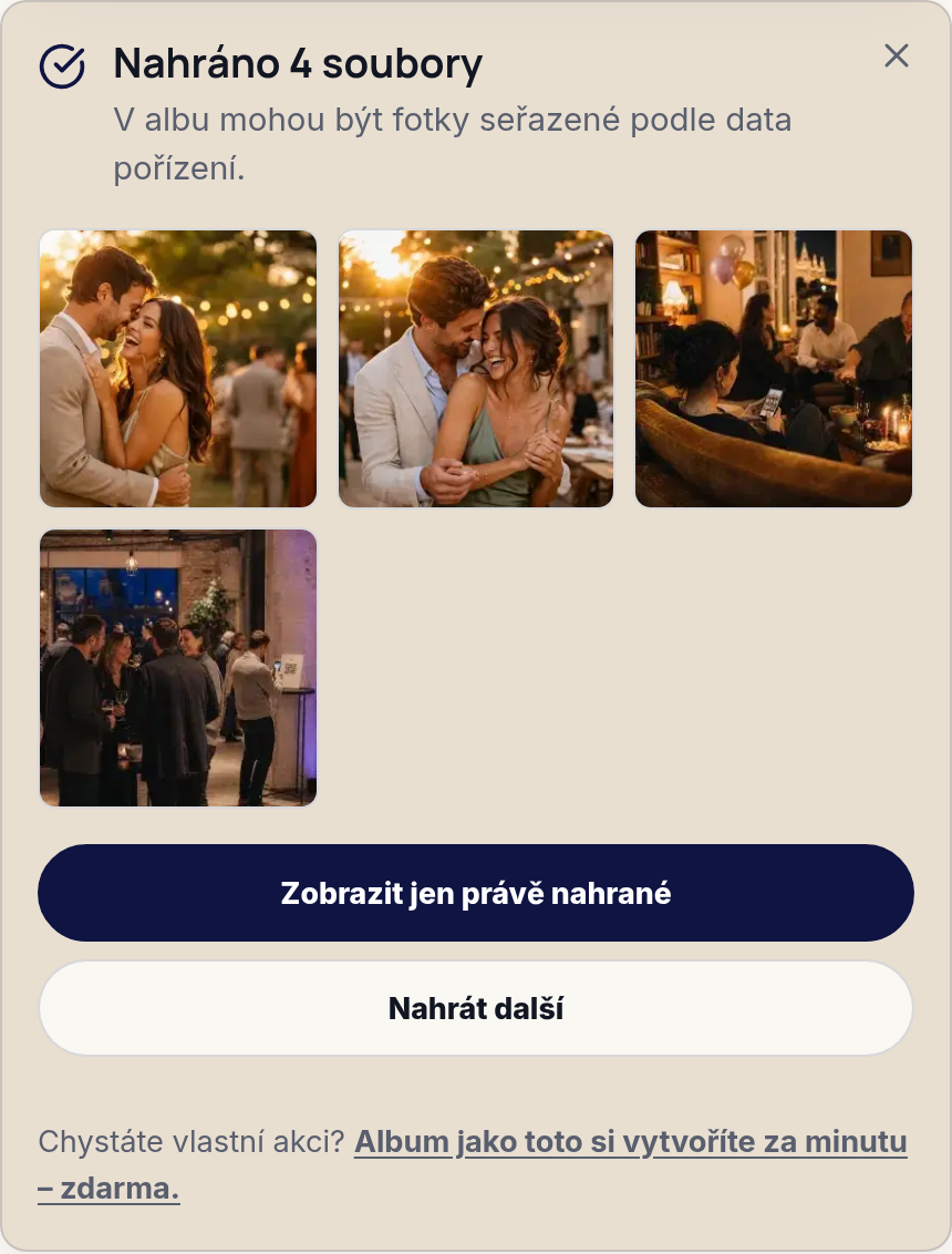 Skutočné mobilné rozhranie FotoDrop po nahraní fotiek s ilustračným demo obsahom